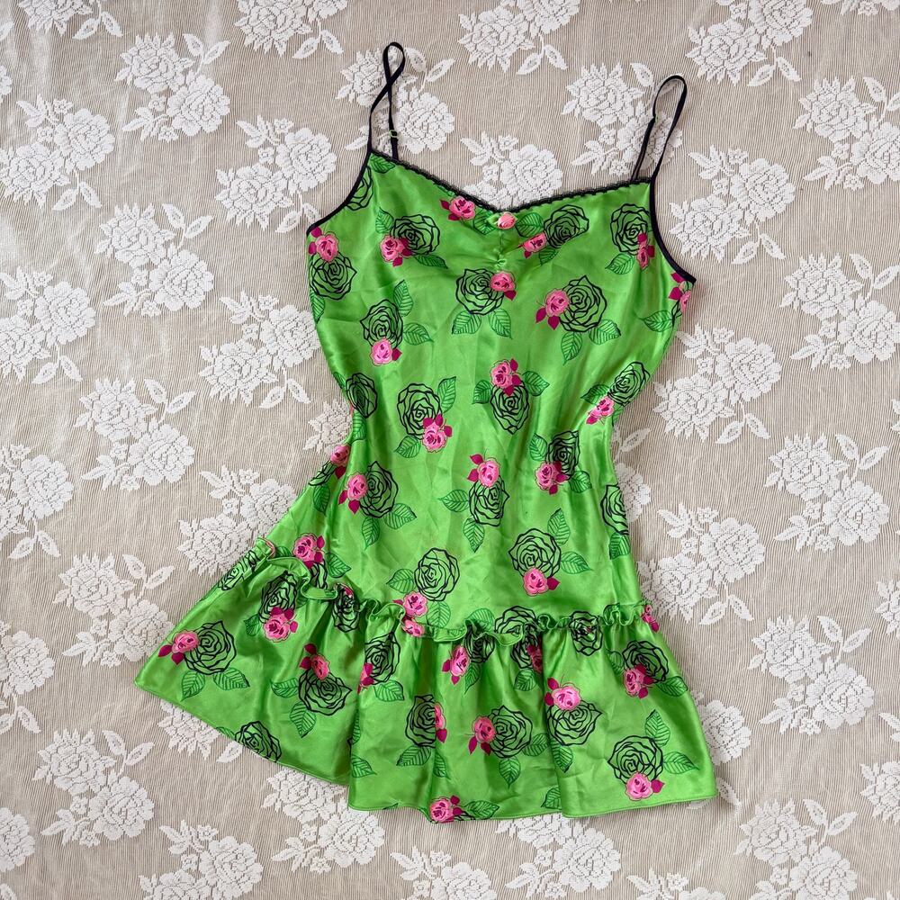 Betsey Johnson Intimates Green Floral Satin Slip Dress Size M